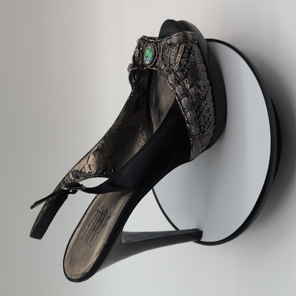 Pelle Moda| Black Sequin Peep Toe Stiletto Heels With Multicolored Stone Focus